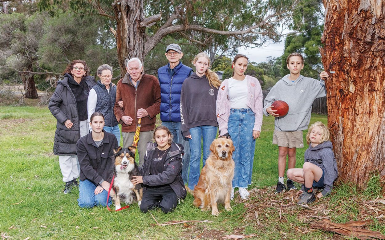 OBJECTORS to the development of Mornington Peninsula Shire-owned land in Valley Court Mount Eliza include (from left at rear) Mannie Hughes, Karin Reid, Michael Schwerin, Paul Woollard, Olivia Anderson, Lottie Szonyi, Sol Szonyi and (front from left) Kate Godden, Sarah Hughes and Mack Anderson. Picture: Gary Sissons