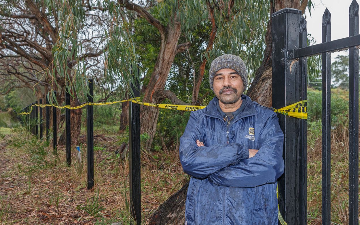 ONE of the directors of MASS, Murali Gopal, where 47 panels of fencing have been stolen. Picture: Gary Sissons