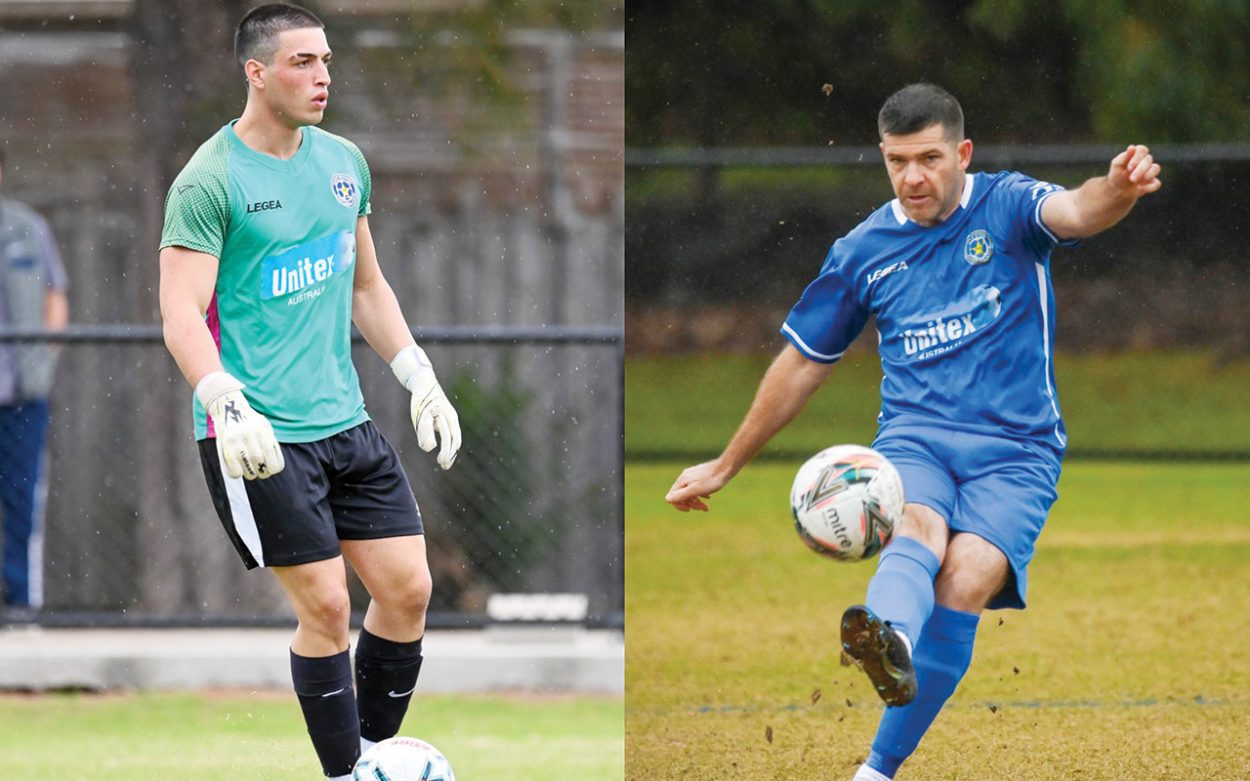 Winning ways: Skye United goalkeeper Steven Hadjikakou (left) was in top form last Friday night while teammate Mark O’Connor scored the winner against Peninsula Strikers. Pictures: Jordan Martin