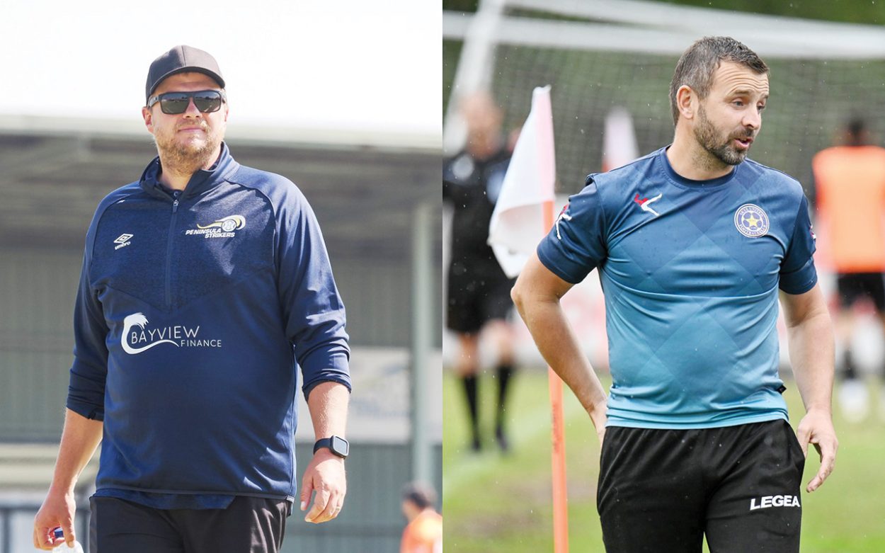 Men at the helm: Peninsula Strikers gaffer Scott Morrison (left) and Skye United counterpart Phil McGuinness. Pictures: Paul Seeley and Jordan Martin