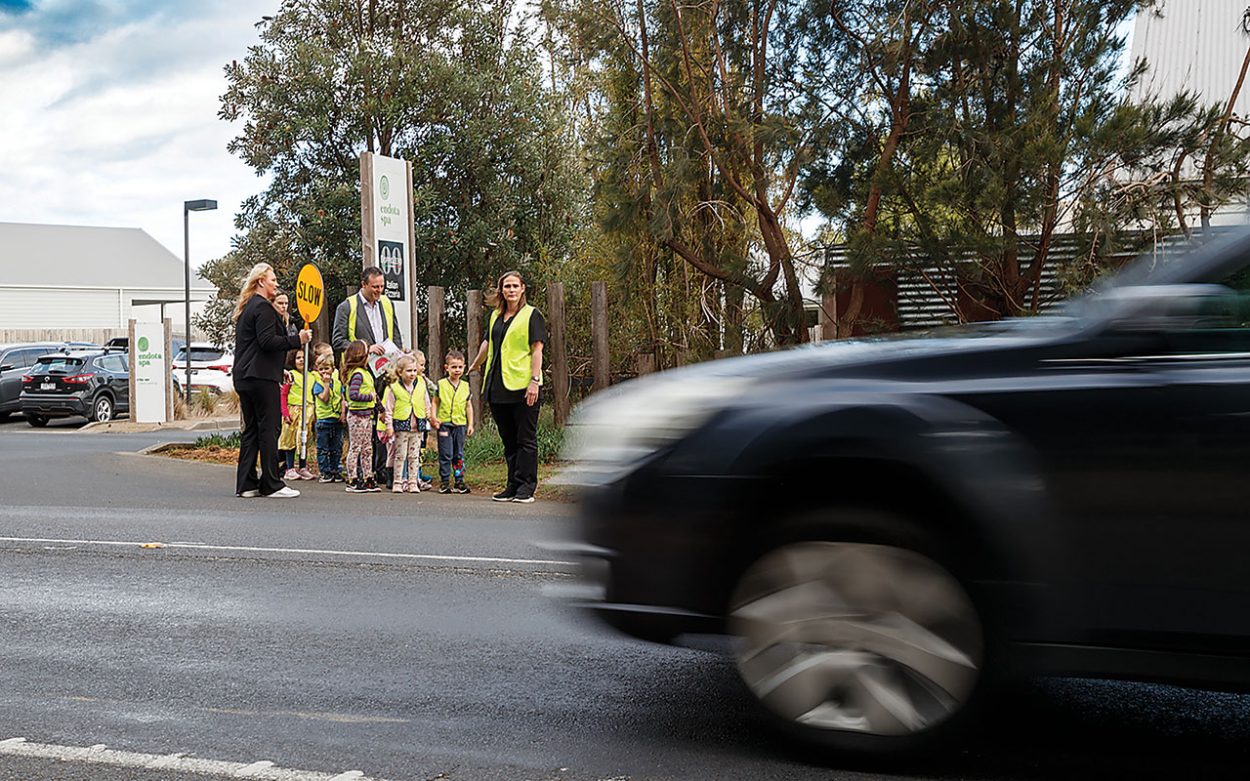 CHILDREN and staff from Little Grasshoppers Coolstores in Moorooduc inspect Eramosa Road with Mornington MP Chris Crewther. Picture: Yanni