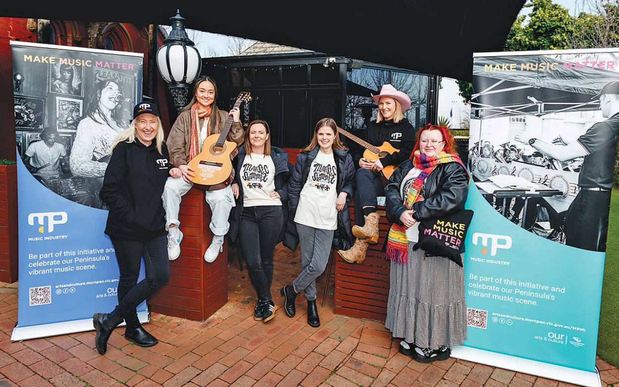 BEC Davis, Emmie Li, Bec Wickens, Bridey Ellis, Heidi Luckhurst, and Hanna Searing preparing for the MP Music Summit. Picture: Yanni