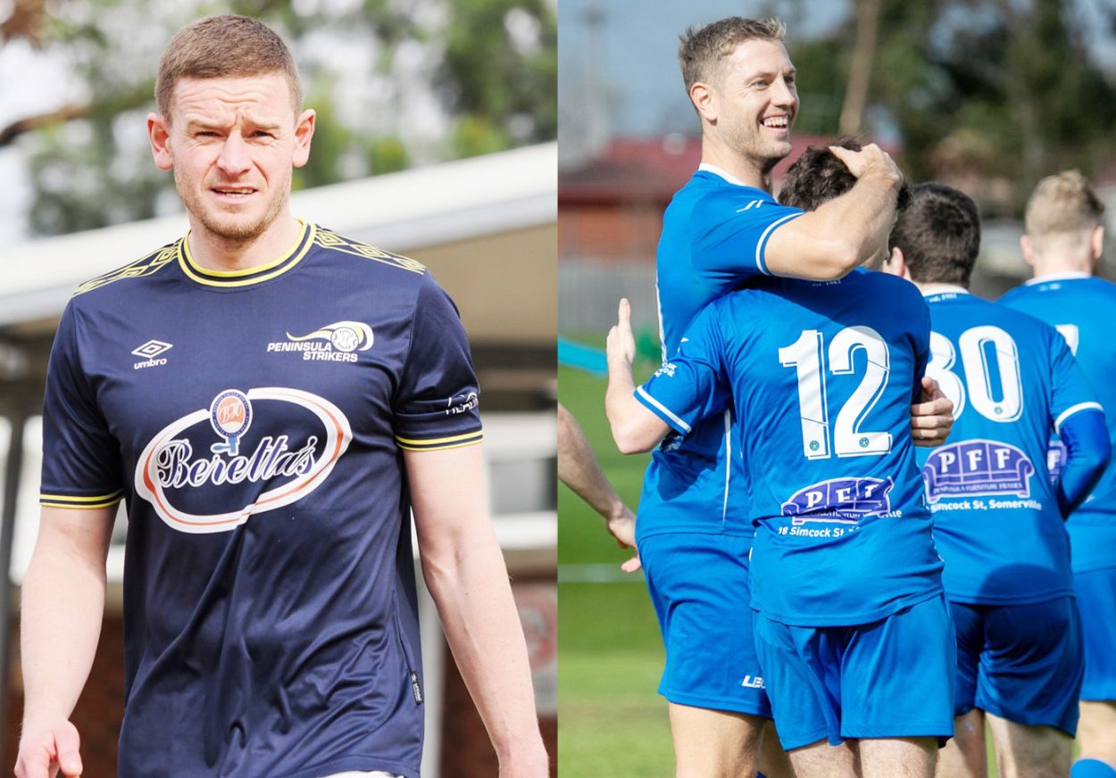 Calling it quits: Peninsula Strikers defender Andy McIntyre (left) and Skye United defender Alex Van Heerwarden have retired. Pictures: Paul Seeley and Gemma Sliz