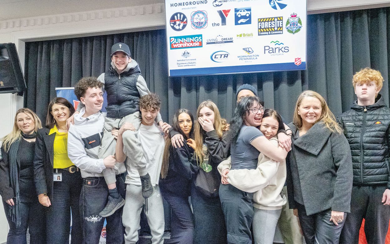 STUDENTS celebrate their graduation with (from left) program facilitators Sally Sherriff and Mark Popplewell (partially obscured); MLC Member for South-Eastern Metropolitan Region Ann-Marie Hermans; and Flinders MP Zoe McKenzie. Picture: Supplied