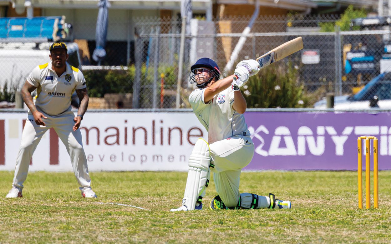 Loui Davies made his maiden century on Saturday playing for Mornington 2nd's against Seaford. It was Davies' first overseas ton after coming to the Bulldogs from Wales. Picture: Alan Dillon