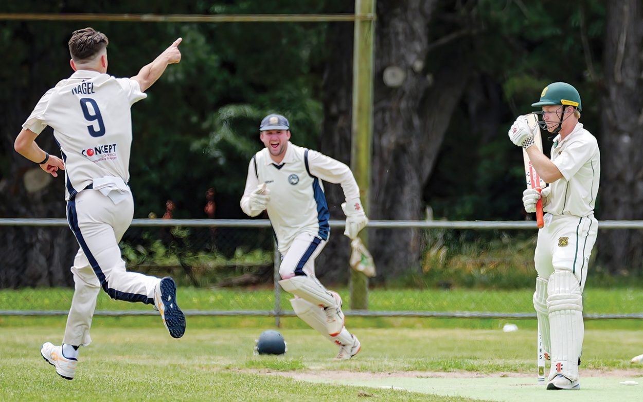 On a roll: Patrick Nagel takes another scalp. He ended up with four wickets for the day. Ashley Nagel took five wickets for the day. Picture: Paul Churcher