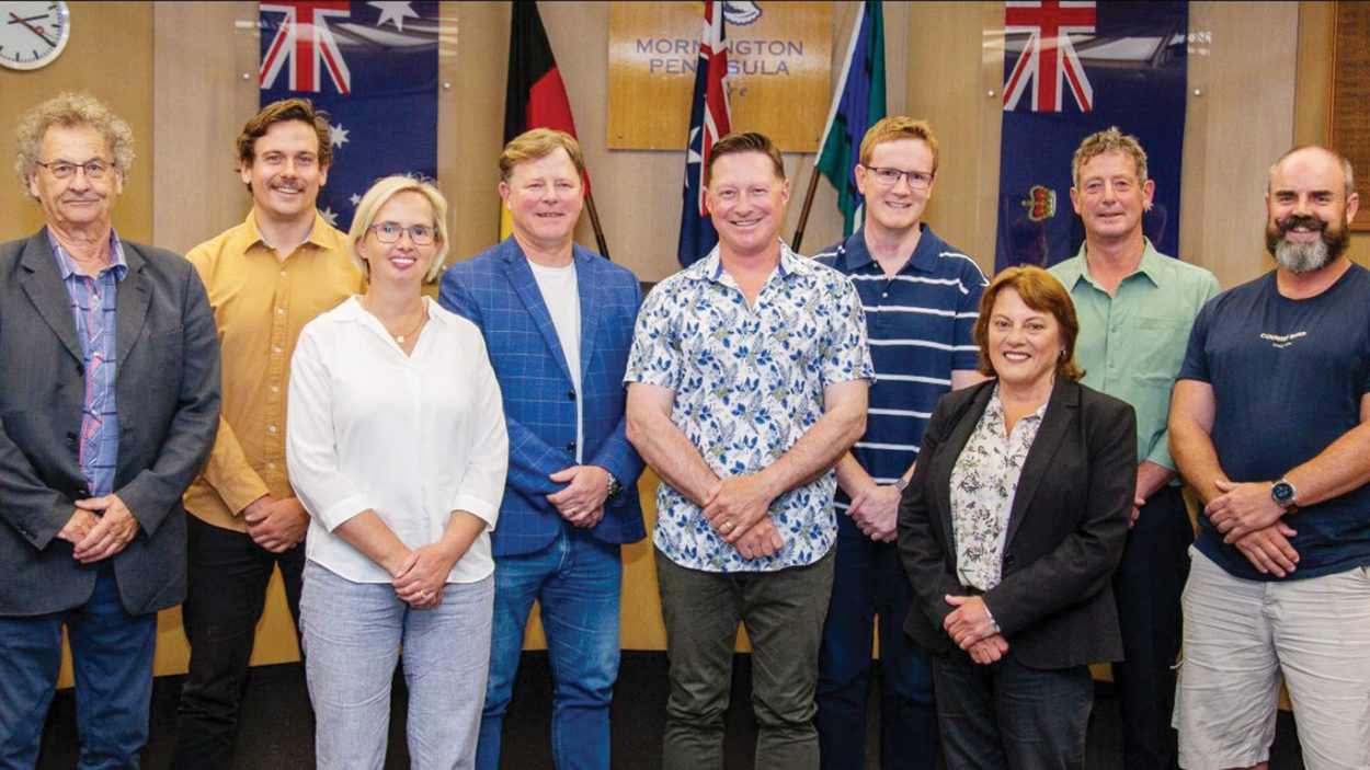 NEWLY elected to Mornington Peninsula Shire Council: (L-R) David Gill, Max Patton, Andrea Allen, Bruce Ranken, Paul Pingiaro, Anthony Marsh, Kate Roper, Michael Stephens, Cam Williams (absent: Stephen Batty, Patrick Binyon). Picture: Supplied