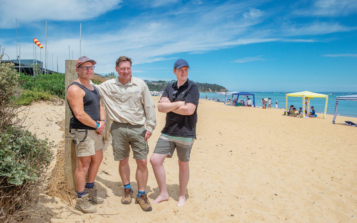 Mt Martha Life Saving Club president John Harvey (left) with Cr Paul Pingiaro, and mayor Cr Anthony Marsh at Mt Martha beach. Picture: Gary Sissons